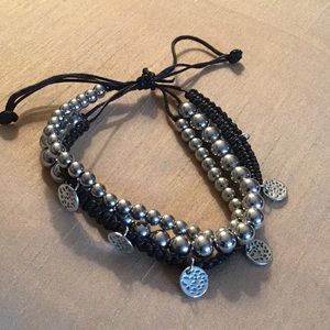 3 LAYER SILVER and BLACK PULLSTRING BRACELET